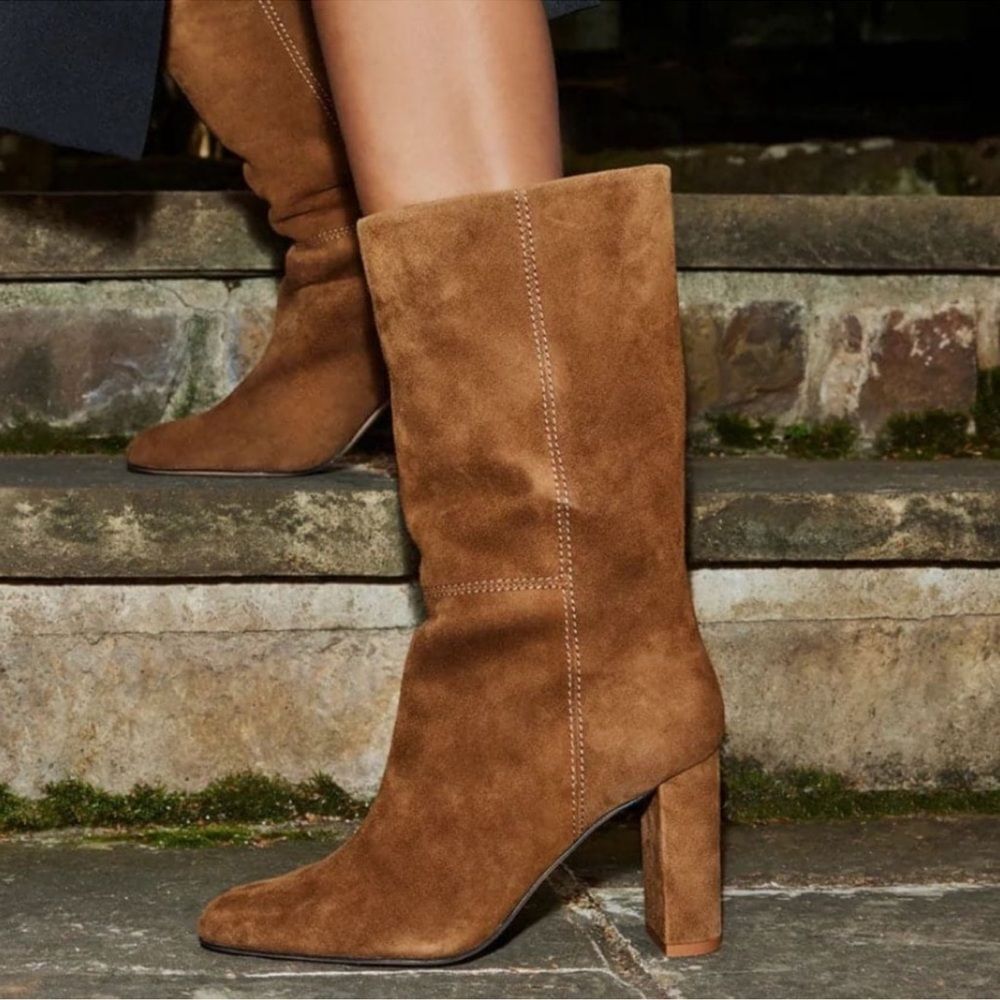 Marion Parke Womens Delila Suede Pointed Toe Mid-Calf Boots Camel Tan Size 38 8